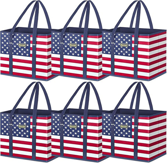 BALEINE 6Pk Reusable Grocery Bags, Foldable Shopping Bags for Groceries with Reinforced Bottom & Handles (Patriot Celebration)