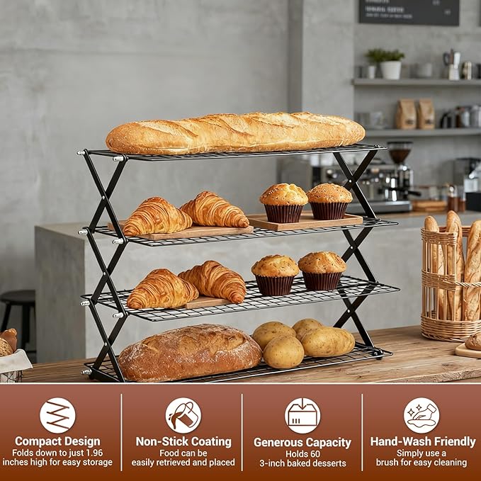 Collapsible Cooling Racks for Cooking and Baking - 4-Tier Adjustable Baking Rack, Cookie Cooling Rack & Bakers Rack, Essential Baking Supplies for Home Bakers, Non-Stick Cookie Rack