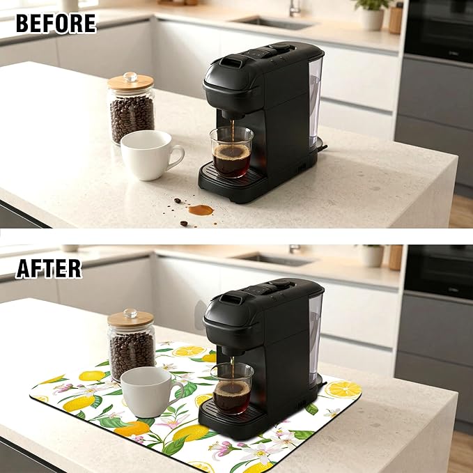 Lemon Floral Coffee Drying Mat 12" x 19", Non-Slip Absorbent Quick-Dry Mat, Coffee Station Accessory for Countertop Protection Decor
