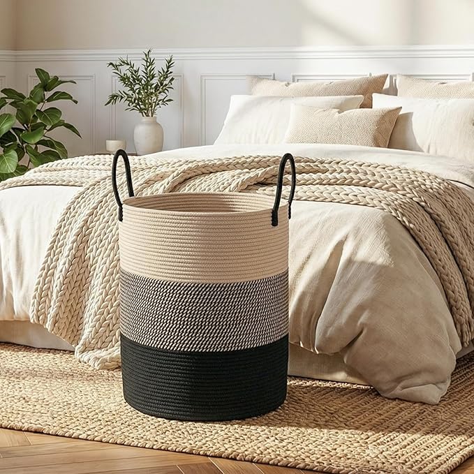 OIAHOMY Large Laundry Basket Hamper - 60L Cotton Rope Woven Basket for Blankets, Toys, Clothes - Tall Decorative Nursery Hamper with Long Handles, Yellow/Black