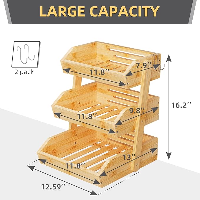 Bamboo 3 Tier Fruit Basket For Counter, Large Capacity Fruit Storage Countertop, Fruit Holder, Wooden Pantry Organizers and Storage, Kitchen Countertop Organizer With 2 Banana Hangers (Bamboo)