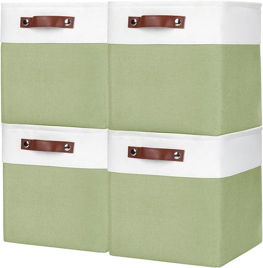 Bagnizer Collapsible Fabric Storage Cubes 11x11 Cube Storage Bins, 4 Pack Closet Baskets Box with Handles for Organizing, Shelf, Toys, Clothes, Home, Office, Nursery (Green&White)