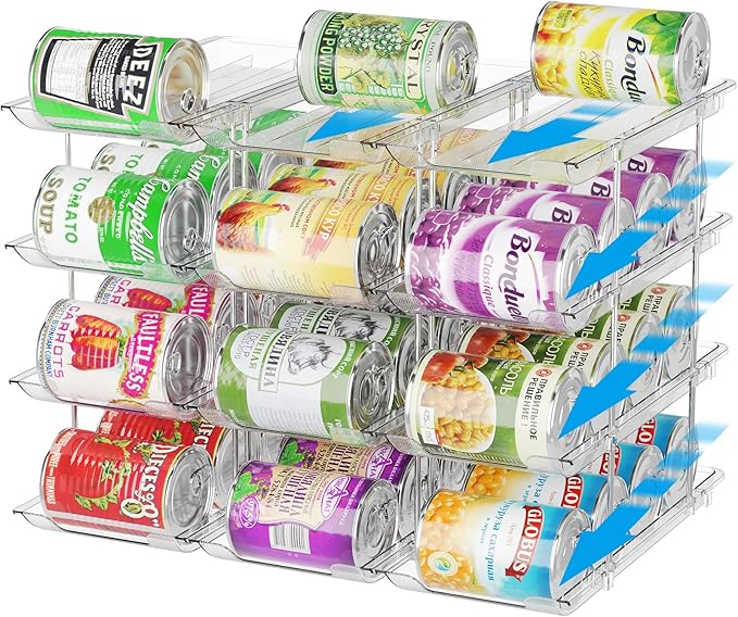 Can Organizer for Pantry Stackable 4 Tiers Can Storage Organizer Pantry Soda Can Organizer for Fridge 48 Cans Rack Automatic Rolling Canned Food Organizer for Refrigerator Kitchen Clear