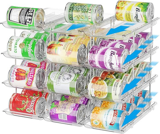 Can Organizer for Pantry Stackable 4 Tiers Can Storage Organizer Pantry Soda Can Organizer for Fridge 48 Cans Rack Automatic Rolling Canned Food Organizer for Refrigerator Kitchen Clear
