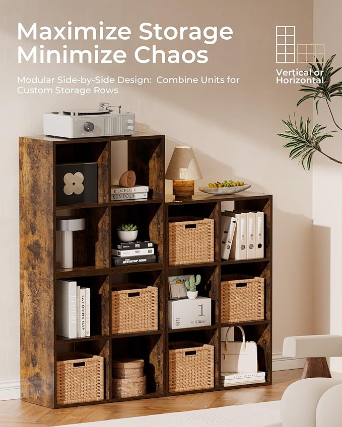 GTPLAYER 4-Cube Storage Organizer, Fits 11" Bins, Vertical or Horizontal Use, Opening Bookshelf, Partial Back Panels, Stackable Design Bookcase, for Desk, Vanity, Entryway, Vintage Brown