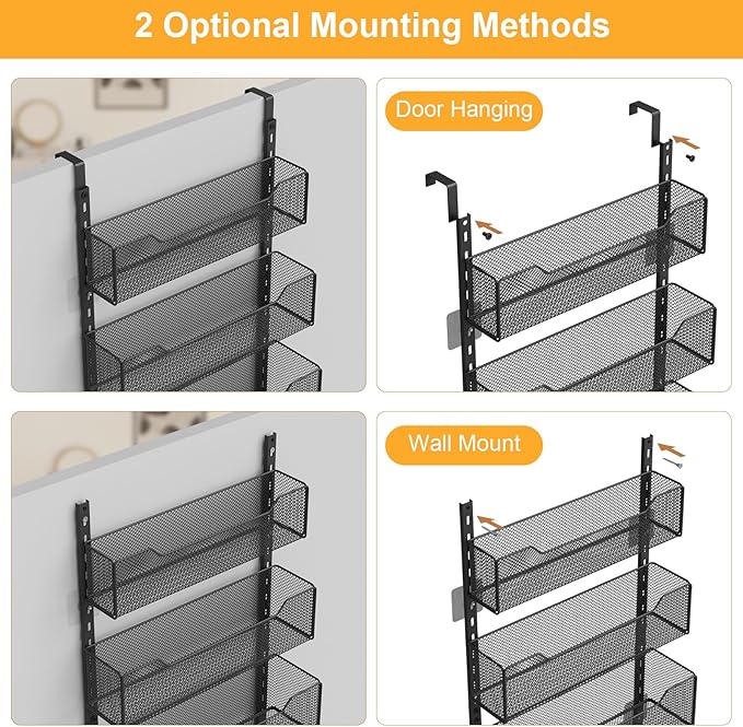 VyGrow Over the Door Storage Organizer with 3 Tier Mesh Baskets 2 Hanging Rods, 2 Mounting Options, Heavy Duty Clothes Hanger & Towel Rack for Bathroom Bedroom Office, Black