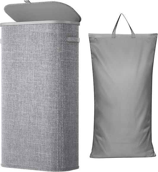 Lifewit 75L Slim Laundry Basket with Lid, Narrow Large Laundry Hamper with Plastic Handles and Removable Bag, Tall Foldable Dirty Clothes Hampers for Laundry Room, Bedroom, Bathroom, Dorm, Gray