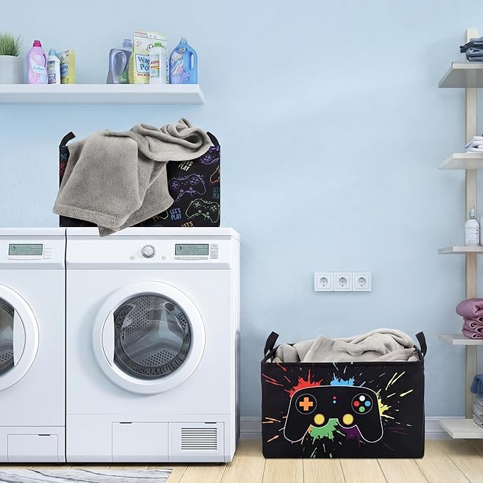 2 Pcs Gamer Laundry Basket Hamper Foldable Rectangle Kids Laundry Baskets Boys Hamper Waterproof Game Joystick Storage Basket Clothes Toys Organizer for Boys Bedroom Gifts