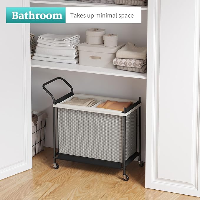 Laundry Hamper with Wheels - 2 Section Laundry Basket 140L, Removable Washable Bags, Height-Fitted Rolling Laundry Cart for Laundry Room & Bedroom