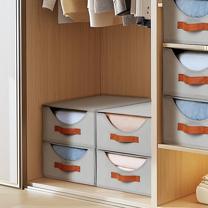 Homsorout Closet Organizers and Storage - Large Stackable Storage Bins with Drawer, Fabric Bins for Organization, Collapsible Drawer Organizer Clothes for Bedroom, Living Room, 2 Pack, Grey