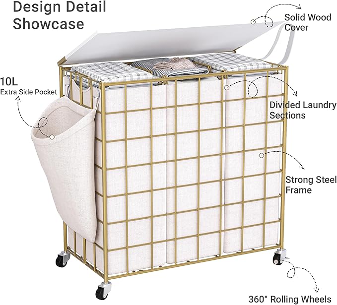 Laundry Basket with Wheels, Heavy Duty Laundry Sorter 3 Sections, 140L (37Gal.) Large Capacity Laundry Hamper with Wood Lid, 360 Rolling Wheels, Extra Side Pocket, Leather Pull Handle, Golden