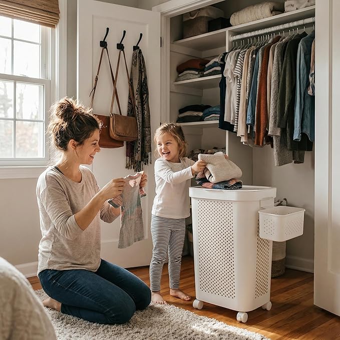Rolling Laundry Hamper Bundle with 50 Clothes Hangers & 60 Closet Organizer Hooks - Wheeled Laundry Basket Set with Non-Slip Hangers and Space Saver Hooks for Bedroom Closet Organization（White）