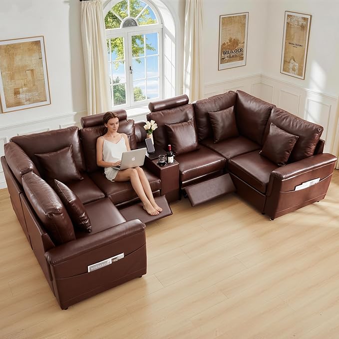 LEVNARY 6-Seat U Shaped Modular Sectional Sofa with Power Recliners, Upholstered Faux Leather Couch Storage Console with Charging Ports & Cup Holders, Living Room Couch Set for Home Office (Brown)