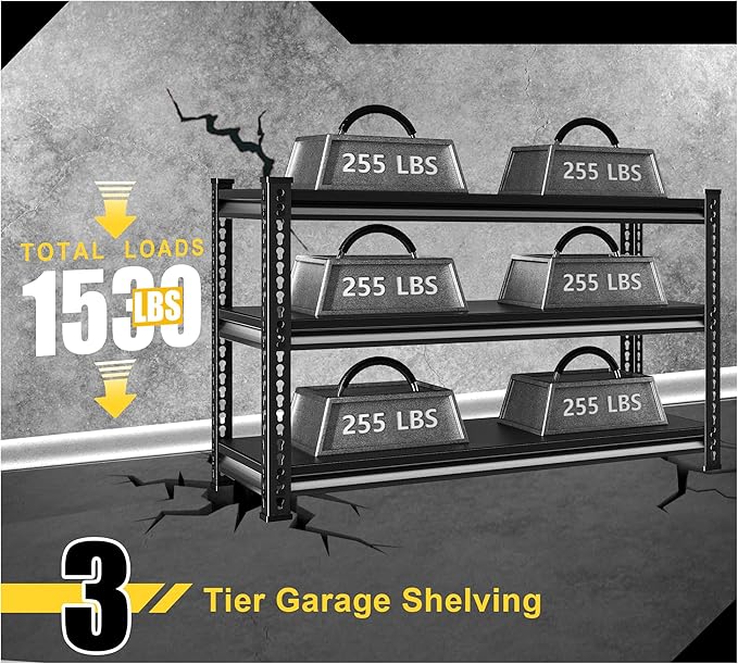 Metal Garage Shelving Heavy Duty，1530LBS Loads Garage Storage Shelves, 48”W 3-Tier Adjustable Storage Racks and Shelving Units for Garage Basement and Kitchen, 48”W x 18”D x 39”H,Black