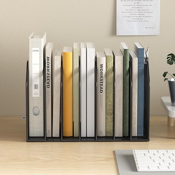 FANXIYQ Metal 7-Section File Folder Organizer for Desk | Vertical Office File Holder | Heavy-Duty Mesh Document Sorter for Books, Binders, Laptops | Black Desk Organizer (12.8”x8.5”x7.9”)