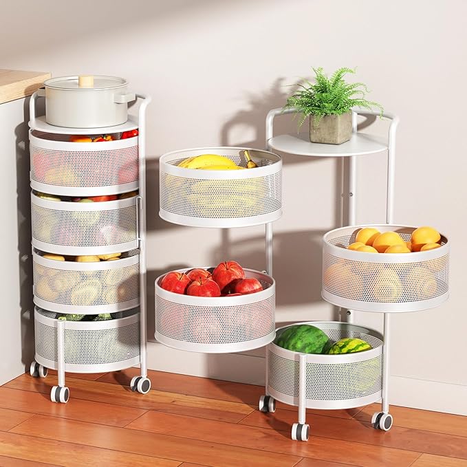 JAQ No Assembly Integrated Rotating Storage Cart, 4-Tier Rolling Storage Cart with Wheels, Solid Carbon Steel Onion Potato Storage, Kitchen Storage Cart, Vegetable Storage Cart, White