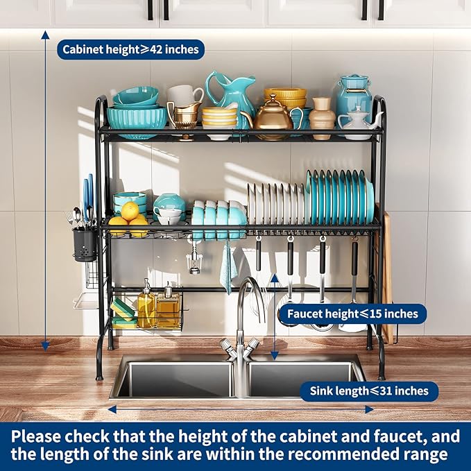 MOUKABAL Dish Drying Rack - Stainless Steel Over The Sink Dish Drying Rack (Expandable Length), 2 Tier Large Dish Rack with Utensil Holder, 32.3" - 33.9"(L) x 11.4"(W) x 32.3"(H) Black