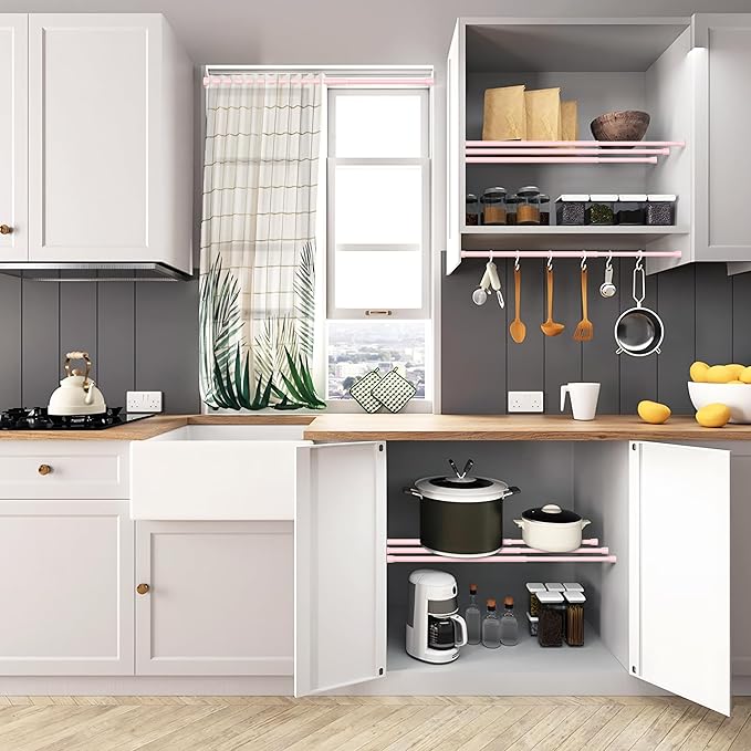 MEXAU 1Pcs Spring Tension Curtain Rod 26-39 inch Spring Tension Rods Pink Tension Rods Adjustable Spring Rod Extendable Tension Rod For Kitchen, Bathroom, Window