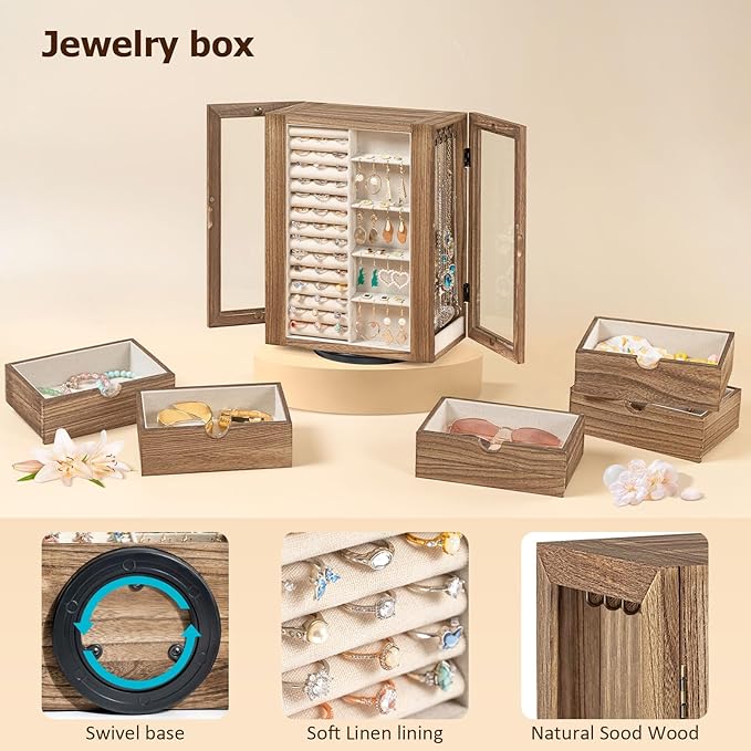 Emfogo 360° Rotating Jewelry Box for Women, Rustic Wooden Jewelry Organizer Box with 5 Drawers, Glass Doors, Vertical Open Design Jewelry Storage Case Display for Earrings Rings Necklaces Bracelets