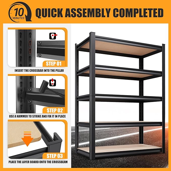 71.2" H Garage Shelving Heavy Duty Storage Shelves, Metal Adjustable Shelving Unit, Utility Garage Organizer Shelf for Basement, Pantry, Kitchen, Warehouse, 45.6" Wx17.7 Dx71.2 H, Black