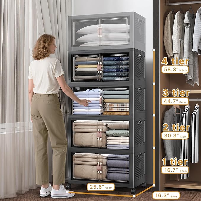 UAMFURI Extra Large Stackable Storage Bins with Lids & Wheels, 480QT-120QT/30GAL*4Pack Foldable Collapsible Closet Organizers Storage Cabinet with Doors for Bedroom Dorm
