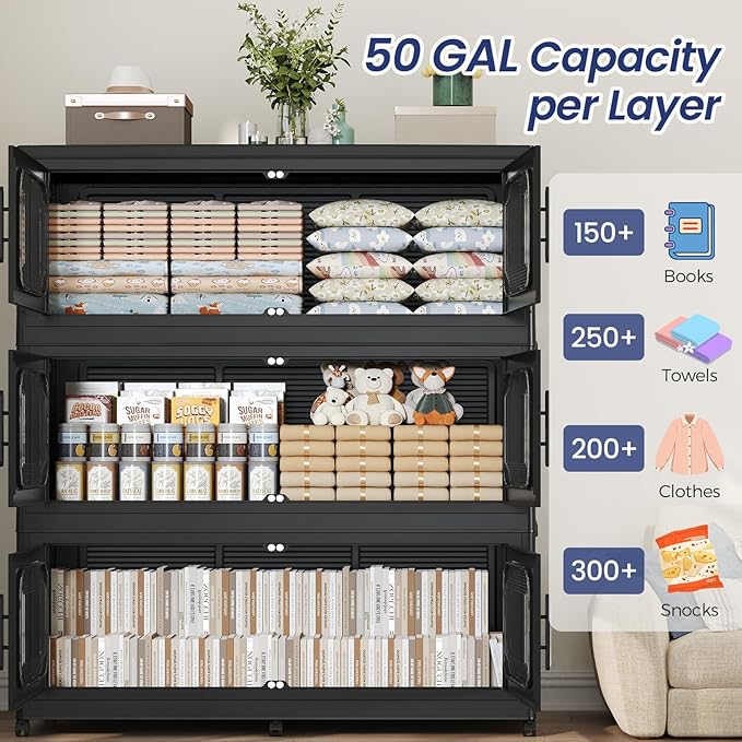 200Gal Extra Large Stackable Storage Bins with Lid & Wheels & Doors, 200QT/50GAL 4-Tiers Collapsible Closet Organizers Plastic Containers Drawers Boxes for Home Kitchen Bedroom, Black