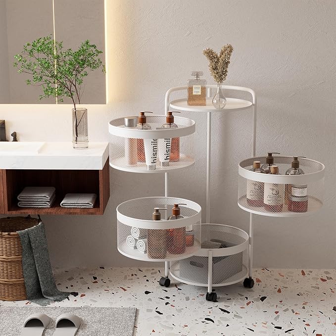 Garden 4 you Rotating Kitchen Storage Shelf Rack, 360° Rotating Fruit and Vegetable Storage Baskets,Multi-Layer Storage Shelf for Kitchen,Living,Room and Bathroom (White,4-Tier)