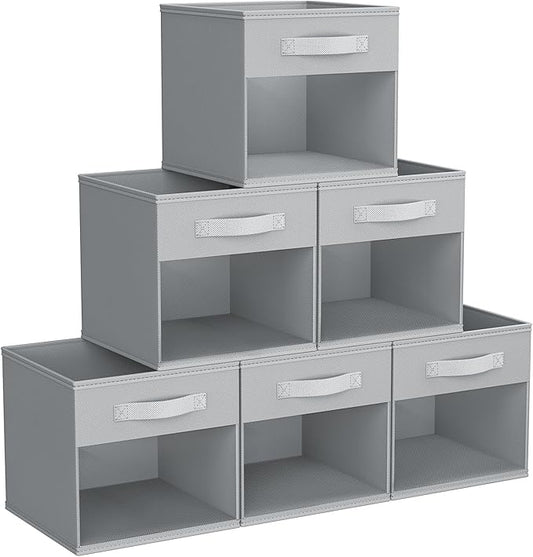 DIMJ Storage Cubes, 11x 11 inch Cube Storage Bin, 6 Pack Closet organizers and storage Bins with Window, Collapsible Baskets with Handle for Shelves, Clothes, Toys, Books (Grey)