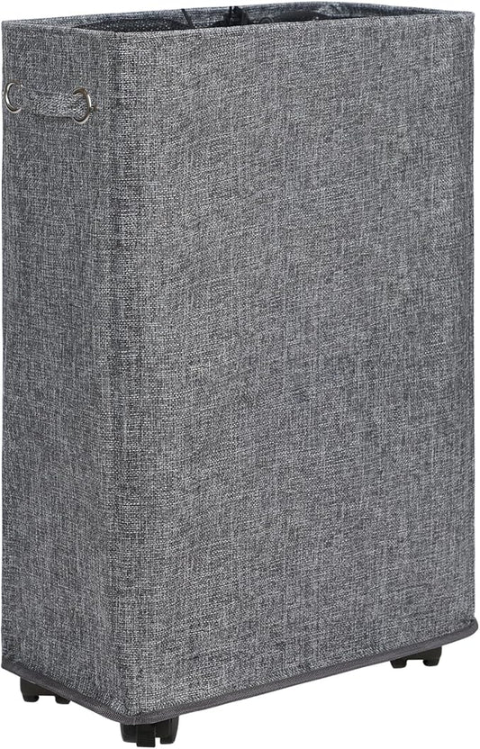 DOKEHOM 25-Inches Slim Laundry Basket on Wheels, Collapsible Rolling Laundry Hamper, Foldable Narrow Corner Clothes Storage Bins (Linen Grey)