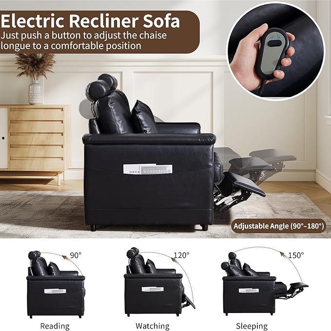 LEVNARY 2-Seater Modular Reclining Sofa with Center Console, Upholstered Faux Leather Power Recliner Loveseat with Cup Holders, USB Charging, Side Pockets & 2 Pillows, Living Room Furniture (Black)