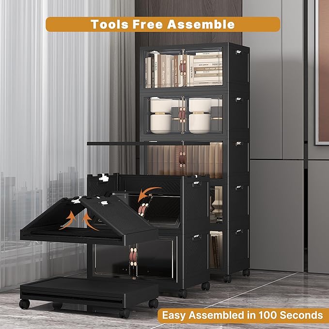 UAMFURI Extra Large Stackable Storage Bins with Lids & Wheels, Foldable Collapsible Closet Organizers Dark Storage Cabinet with Doors for Bedroom Dorm