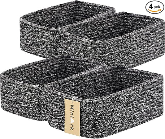 MiniArk Small Storage Baskets for Organizing | Closet Organizer Bins | Shelf Toy Basket | Woven Rope Baskets | Cube Decorative Box | Shallow Basket | 11.5x7.5x4.7” | 4 Packs Dark Gray