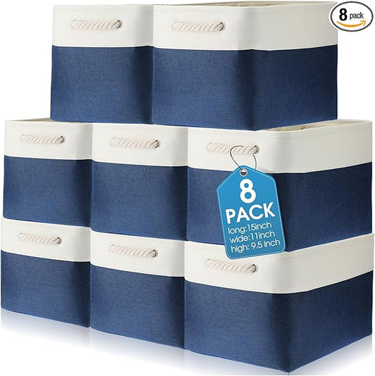 meekoo 8 Pack Collapsible Storage Bins Fabric Storage Bins Polyester Fabric Baskets with Handles Linen Closet Organizer for Shelf Home Closet Towels Toys(15 x 11 x 9.5 in,Blue White)