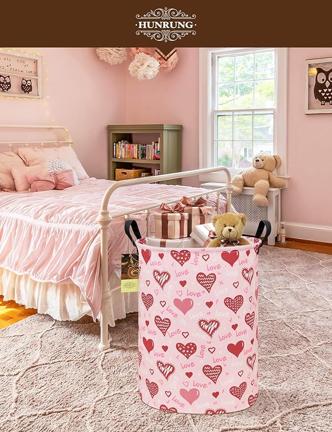 HUNRUNG Collapsible Fabric Storage Basket, Waterproof Laundry Hamper with Handles, Round Storage Bin for Clothes Toys, Foldable Organizer for Bedroom Nursery Bathroom(Round-Pink Love Heart)