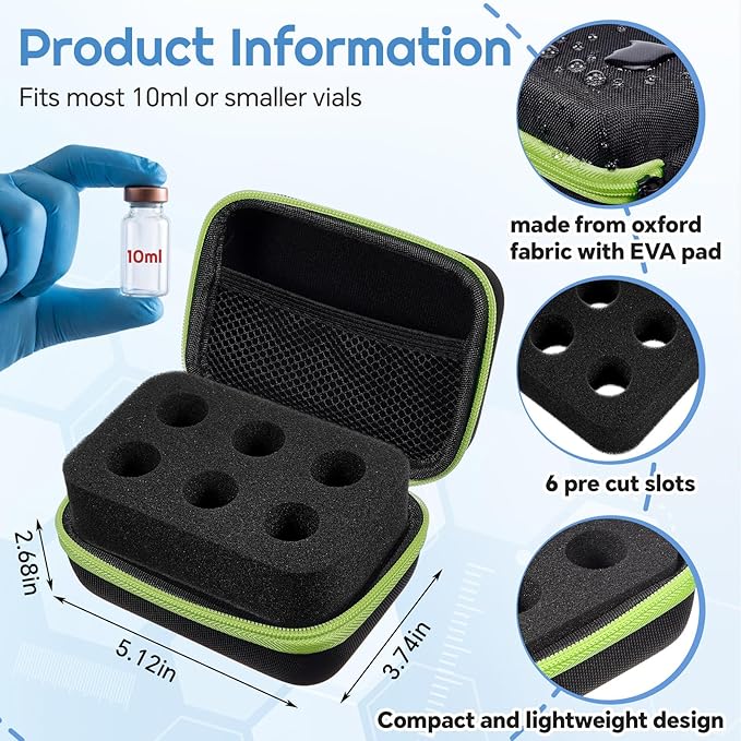 Teenyyou 6 Slots Insulin Peptide Fridge Carrying Case Vial Holder Storage Protector Bag, Fits Standard 10ml Vials, Insulin Cooler Travel Kits Case Diabetes Protector(Black, Green Zipper)