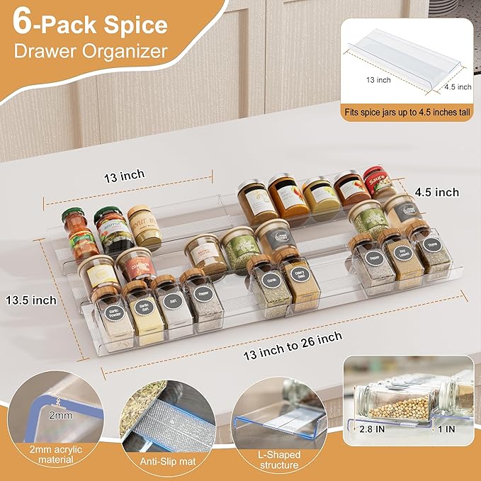 Expandable Spice Drawer Organizer Insert, 6-Pack Kitchen Adjustable Seasoning Rack Tray (13" to 26"), with Anti-Slip Mat, for Cabinet Countertop (Jars Not Included)