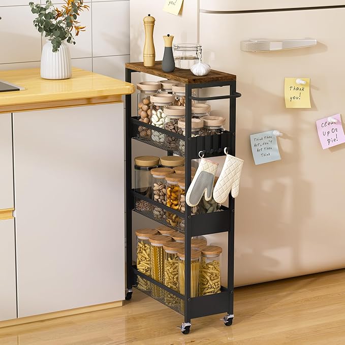 Vincona Slim Rolling Utility Cart, 4 Tier Metal Narrow Storage Cart with Handle and Wood Top, Multifunctional Small Mobile Shelf Unit Organizer Trolley for Laundry, Bathroom, Kitchen