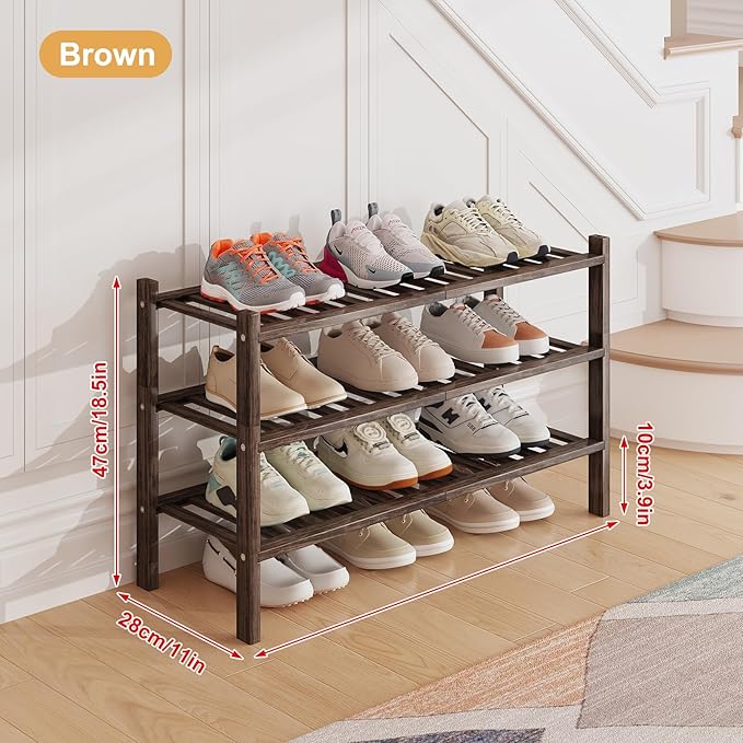 Bamboo Shoe Rack Organizer for Closet and Entryway - Space-Saving Narrow Shoe Stand - Versatile Shoe Holder for Door or Closet Shelf,Garage Bedroom can Freely Stack DIY Small Shoe Racks 3 Tier Brown