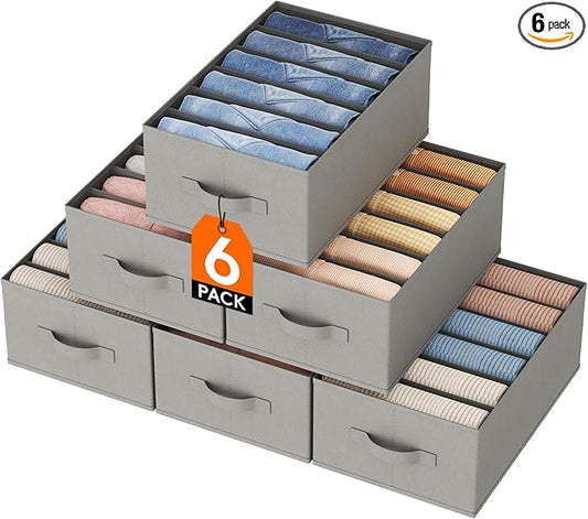 Lifewit 6 Pack Clothes Organizer, 6 Grids Closet Jean Storage Bins with Handles and Support Boards, Foldable Drawer Organizer for Sweater, Pants, T-shirt, Dress, Grey, 42 x 27 x 17 cm/16x10x7''