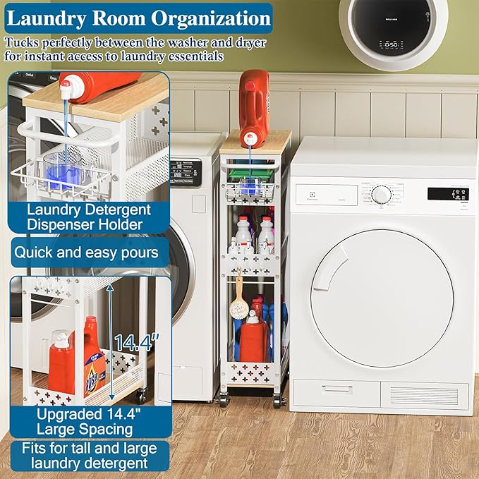 OKZEST Rolling Slim Storage Cart, 4-Tier Narrow Bathroom Laundry Room Organization Cart, Metal Kitchen Storage Mobile Shelf Unit Organizer with Wood Top, Slim Utility Cart with Wheels for Small Space