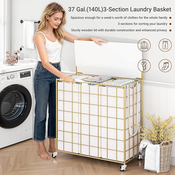 Laundry Basket with Wheels, Heavy Duty Laundry Sorter 3 Sections, 140L (37Gal.) Large Capacity Laundry Hamper with Wood Lid, 360 Rolling Wheels, Extra Side Pocket, Leather Pull Handle, Golden