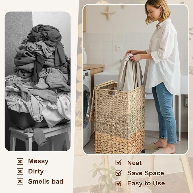 Cinnvoice 65 L Rolling Wicker Laundry Basket with Wheels Laundry Hamper with Lid Decorative Woven Hamper with Washable Removable Liner Bags and Handles for Clothes Natural Water Hyacinth, 1 Section