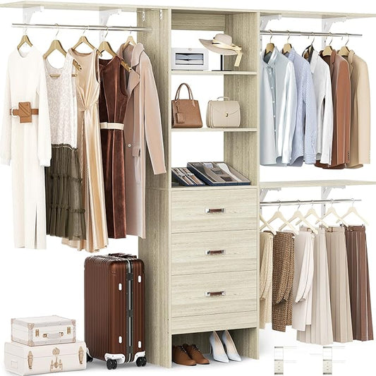 Besiost Closet System with Drawer - 8FT Wood Closet Organizer System with 3 Hanging Rods and Shelving Tower, 96" Walk In Closet Organizer Wardrobe, Heavy Duty Garment Rack Clothes Rack, White Oak
