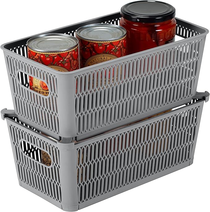 Simplify 2Pk Small Slide 2 Stack It Tote Basket | Storage & Organization | Open Bins with Stackable Capability | Bathroom | Crafts | Pantry | Playroom | Office | Grey
