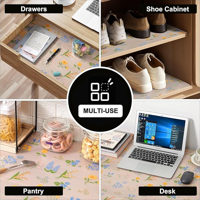 INNOLITES Shelf Liners for Kitchen Cabinets Non-Adhesive Drawer Liner with Floral, Waterproof Durable Easy to Clean, for Refrigerator, Shelves (Colorful Floral, 17.5" x 197")
