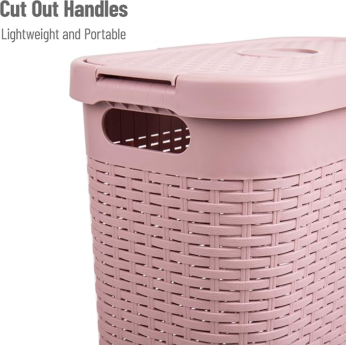 Mind Reader Slim Laundry Hamper with Lid, 40L Clothes Basket, Narrow Tapered Design with Ventilated Cutout Pattern, Plastic, Set of 2, Pink