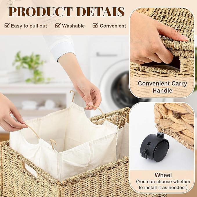 Cinnvoice 120 L Rolling Wicker Laundry Basket with Wheels Laundry Hamper with Lid Decorative Woven Hamper with Washable Removable Liner Bags and Handles for Clothes Natural Water Hyacinth, 2 Sections