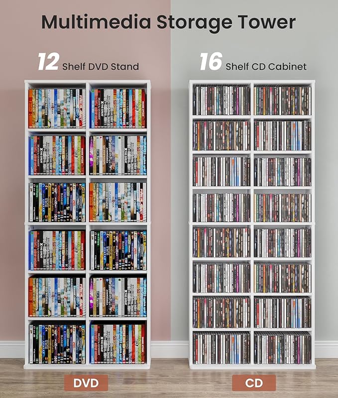 DVD Tower Storage Rack, 16-Shelf Media Storage Shelves with Adjustable Shelves 8-Tier DVD Stand Tower for Living Room Home Office