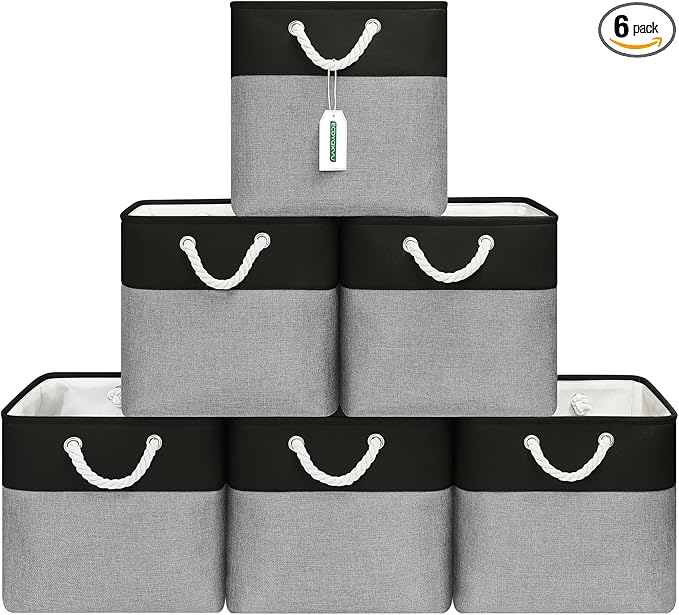 ECDYQXVU 13x13 Inch Cube Storage Bins with Reinforced Bottom Cardboard, 6 Pack Large Foldable Fabric Storage Cubes with Handles for Shelf, Closet, Laundry Organization (Black&Gray)