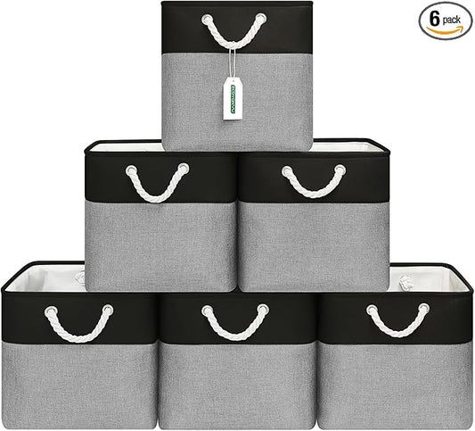 ECDYQXVU 13x13 Inch Cube Storage Bins with Reinforced Bottom Cardboard, 6 Pack Large Foldable Fabric Storage Cubes with Handles for Shelf, Closet, Laundry Organization (Black&Gray)